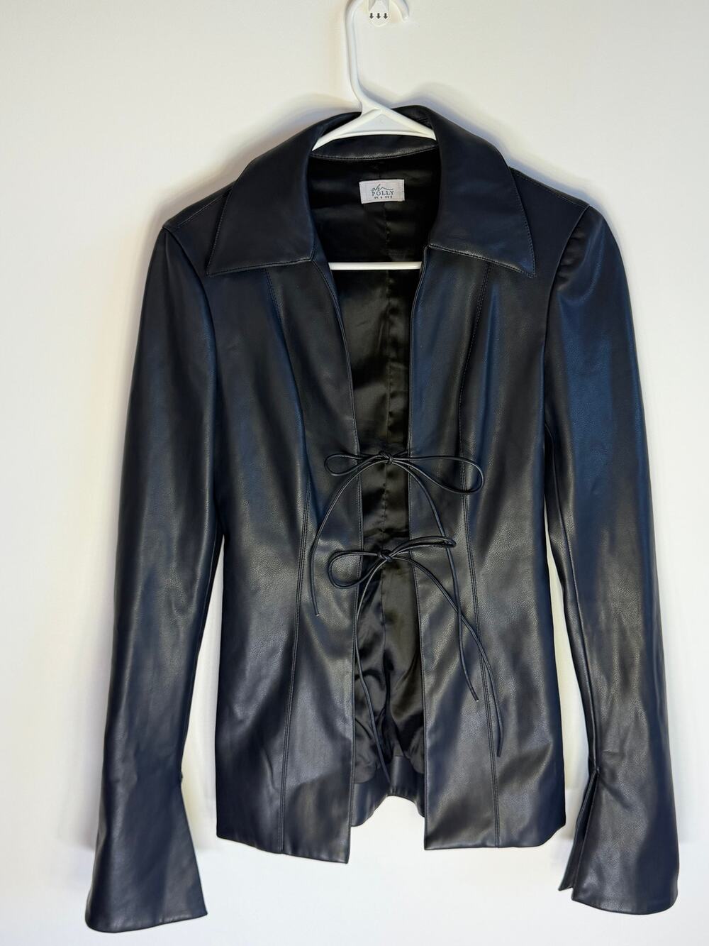 Oh Polly Women's US 2 Black Faux Leather Tie Front Jacket